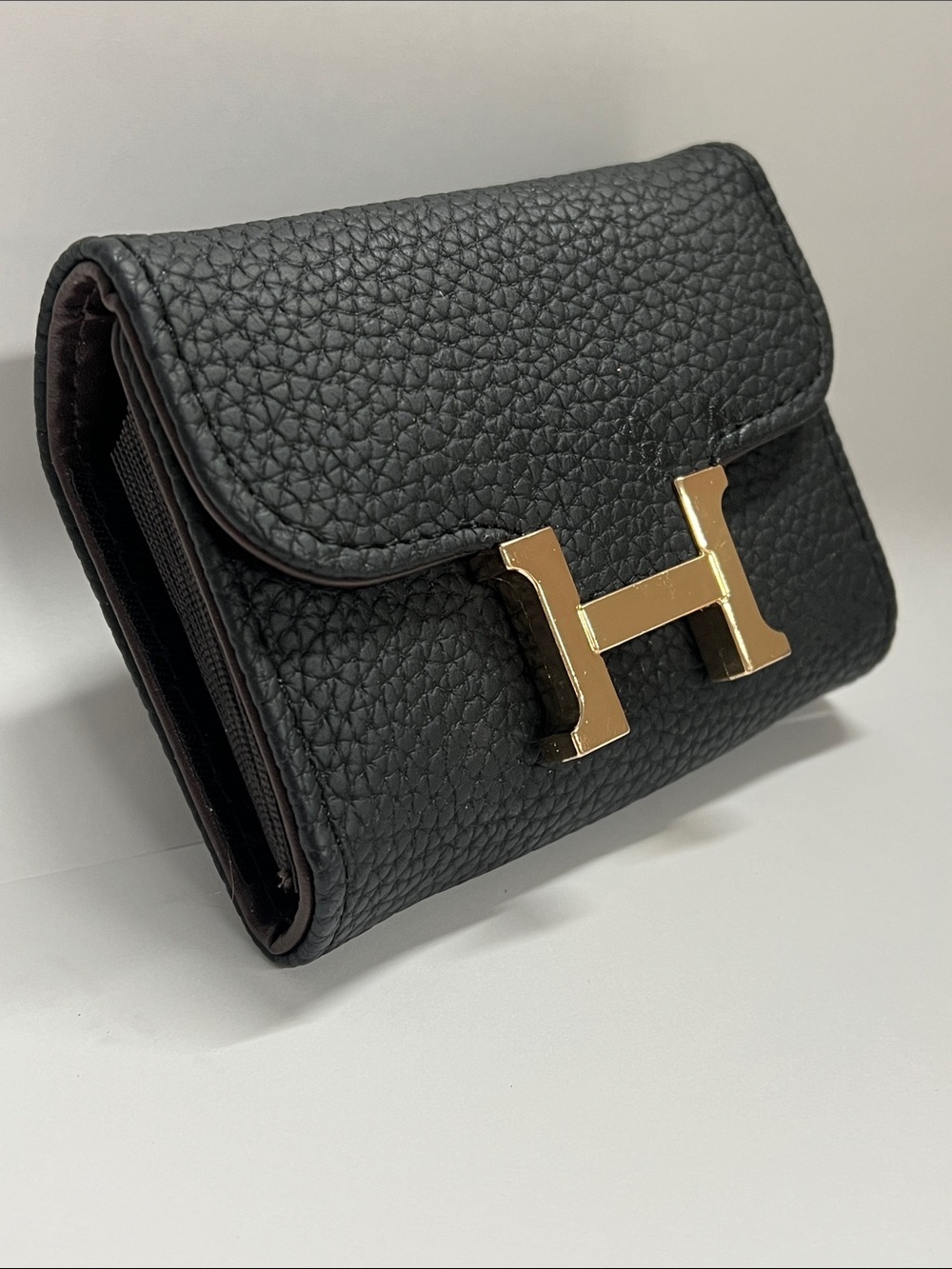 Pebbled Black Vegan Leather Credit 11 Card Snap Wallet Goldtone Metal H Snap